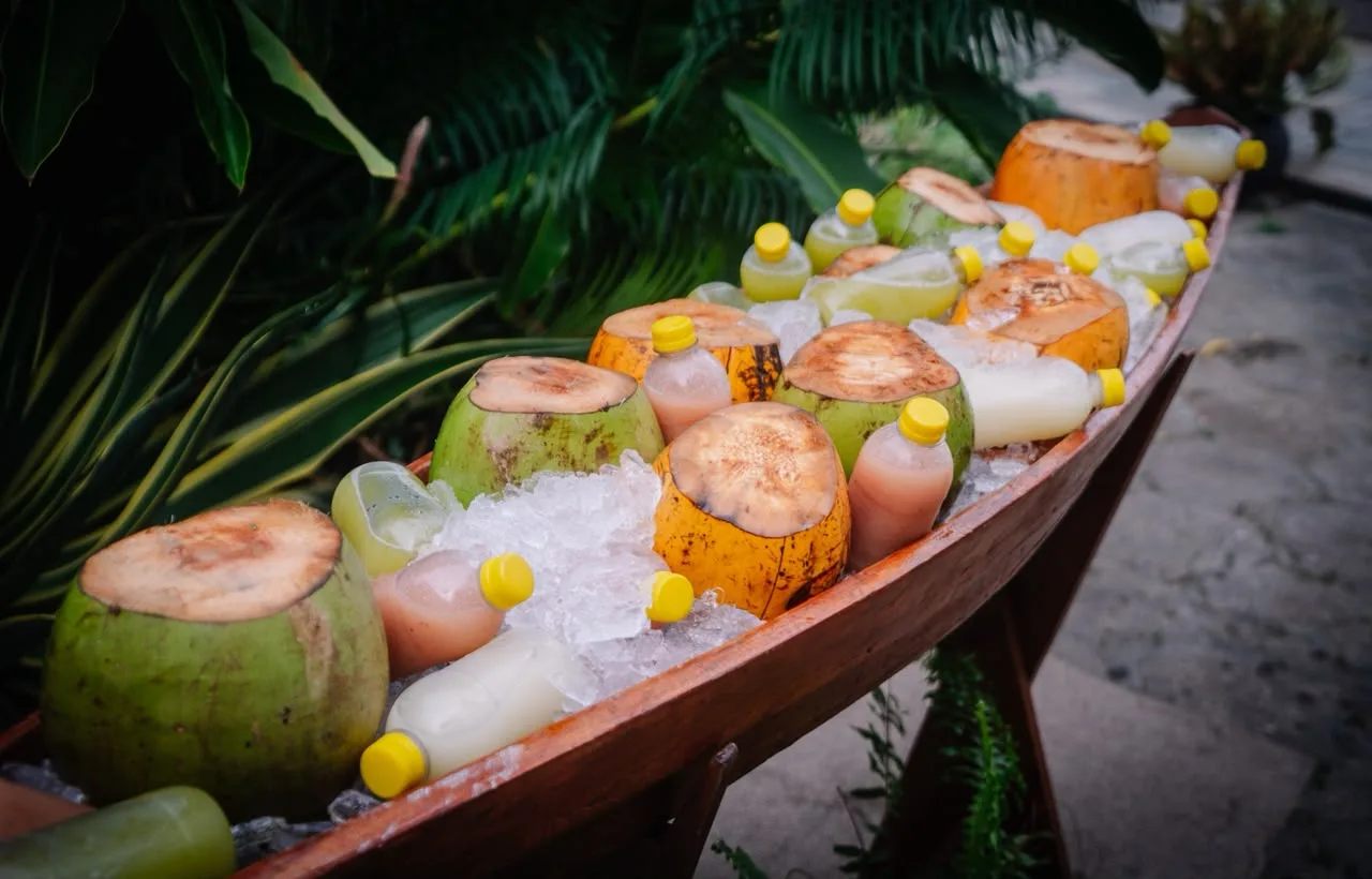 Águas de coco e sucos gelados servidos em canoa de madeira